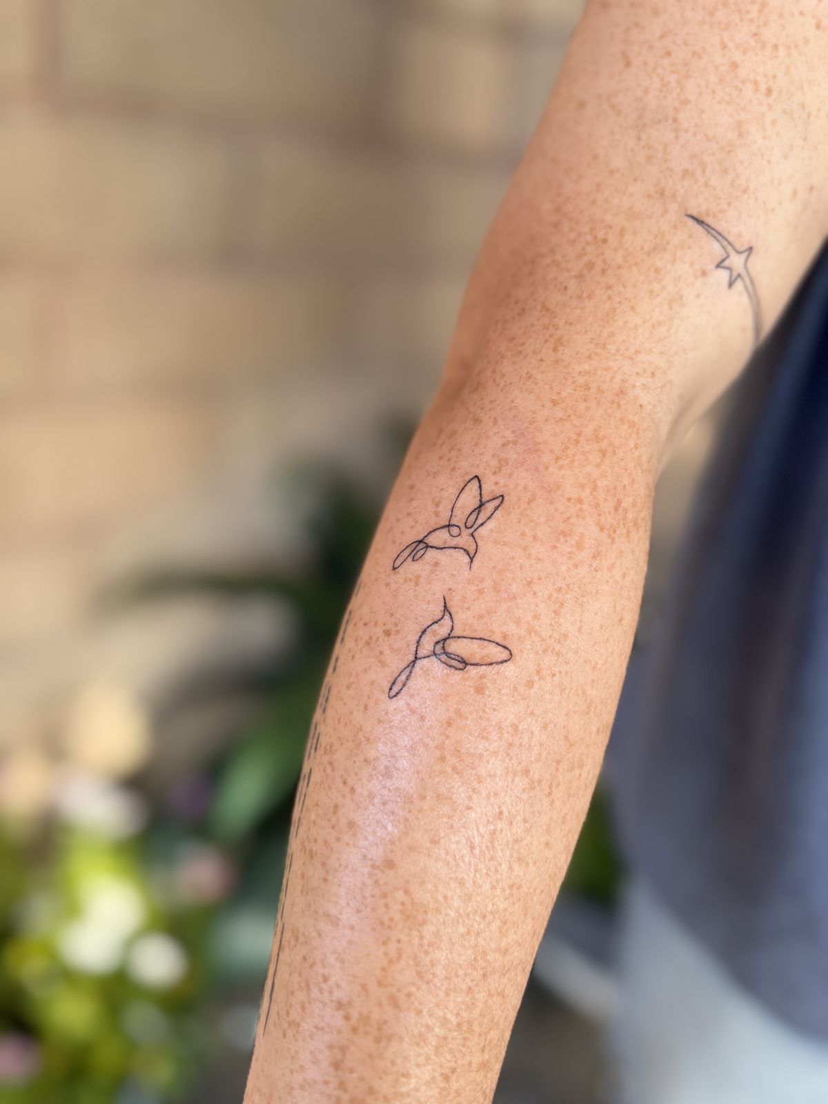 Single-line hummingbird tattoos on the forearm with a shooting star above, delicate continuous linework