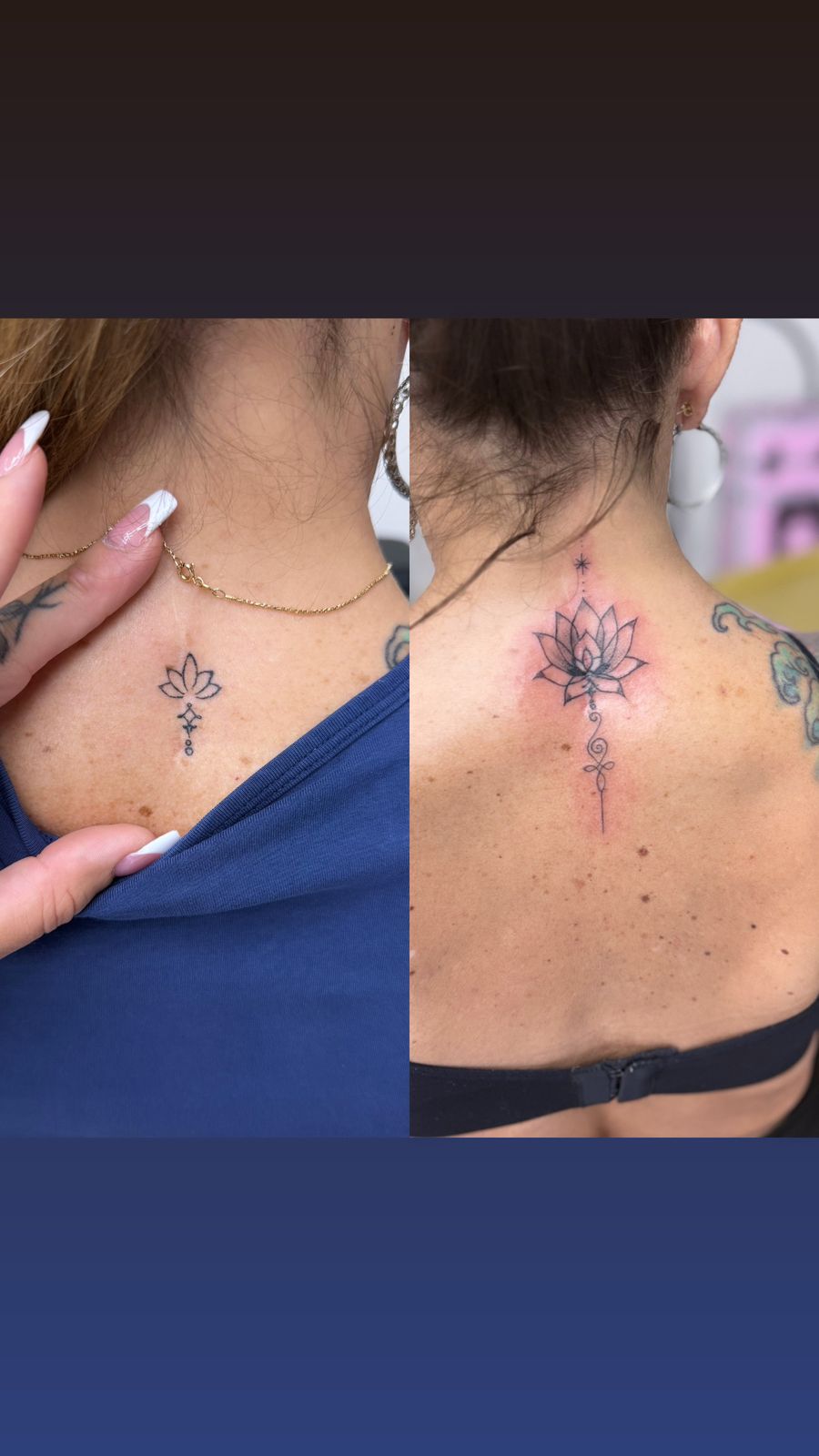 Fine-line lotus and unalome tattoo rework on the upper back, before and after, at Lavish Lips XOXO in Lincoln, CA